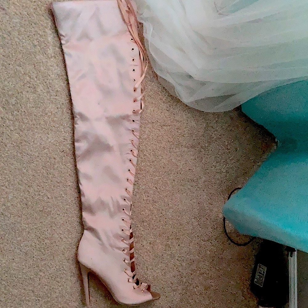 Satin Blush pink boutique thigh-high open toe boots